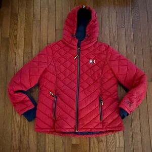 Tommy Hilfiger Red and Navy XL Women’s Quilted Jacket with Hood.